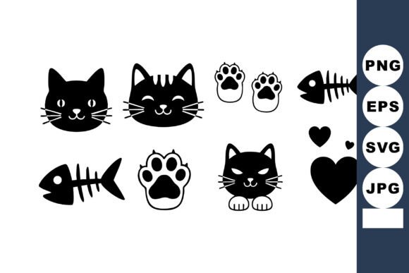 Black Cat Faces Paws Vector Set