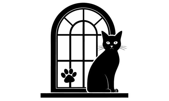 Black Cat Sitting by Window Vector