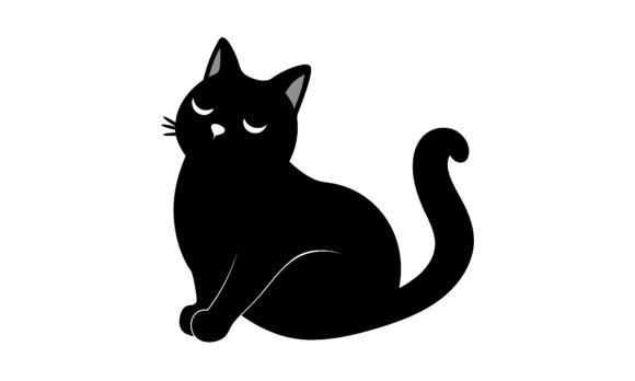 Black Cat Sitting Sleepy Minimalist
