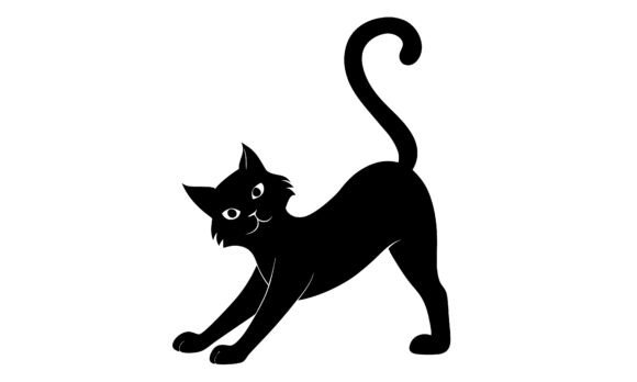 Black Cat Stretching with Curly Tail