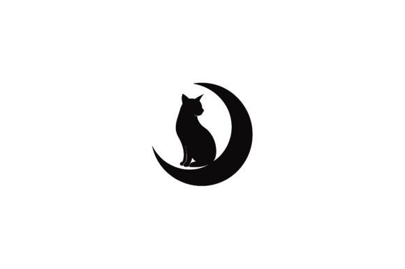 Cat Sitting Inside a Crescent Moon Black