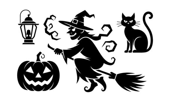 Halloween Witch Silhouette Pumpkin Cat