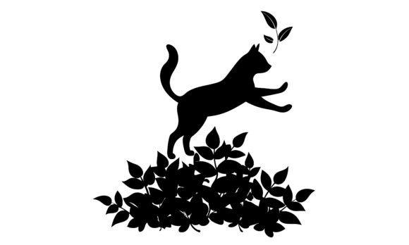 Jumping Cat Silhouette with Leaves