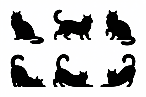 Silhouettes Black Cat in Various Poses