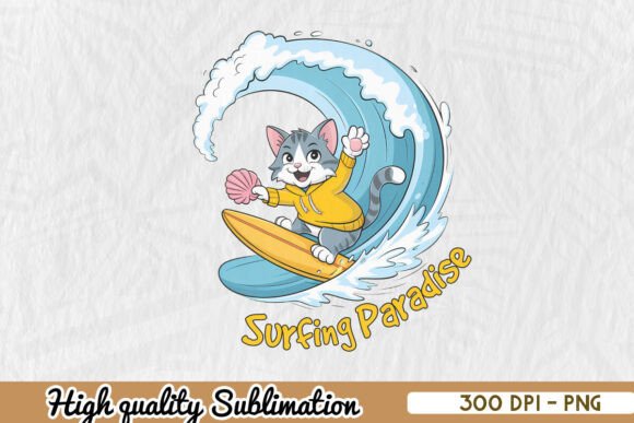 Surfing Paradise Cat Surfing PNG