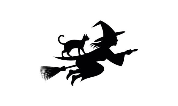Witch Flying Broom with Black Cat
