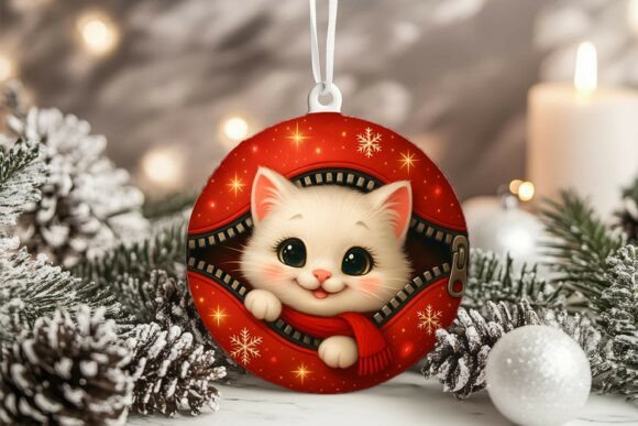 Xmas Zipper White Cat Circle Ornament